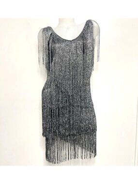 Flapper Glittery Silver Black Fringe Party Dress Size Small